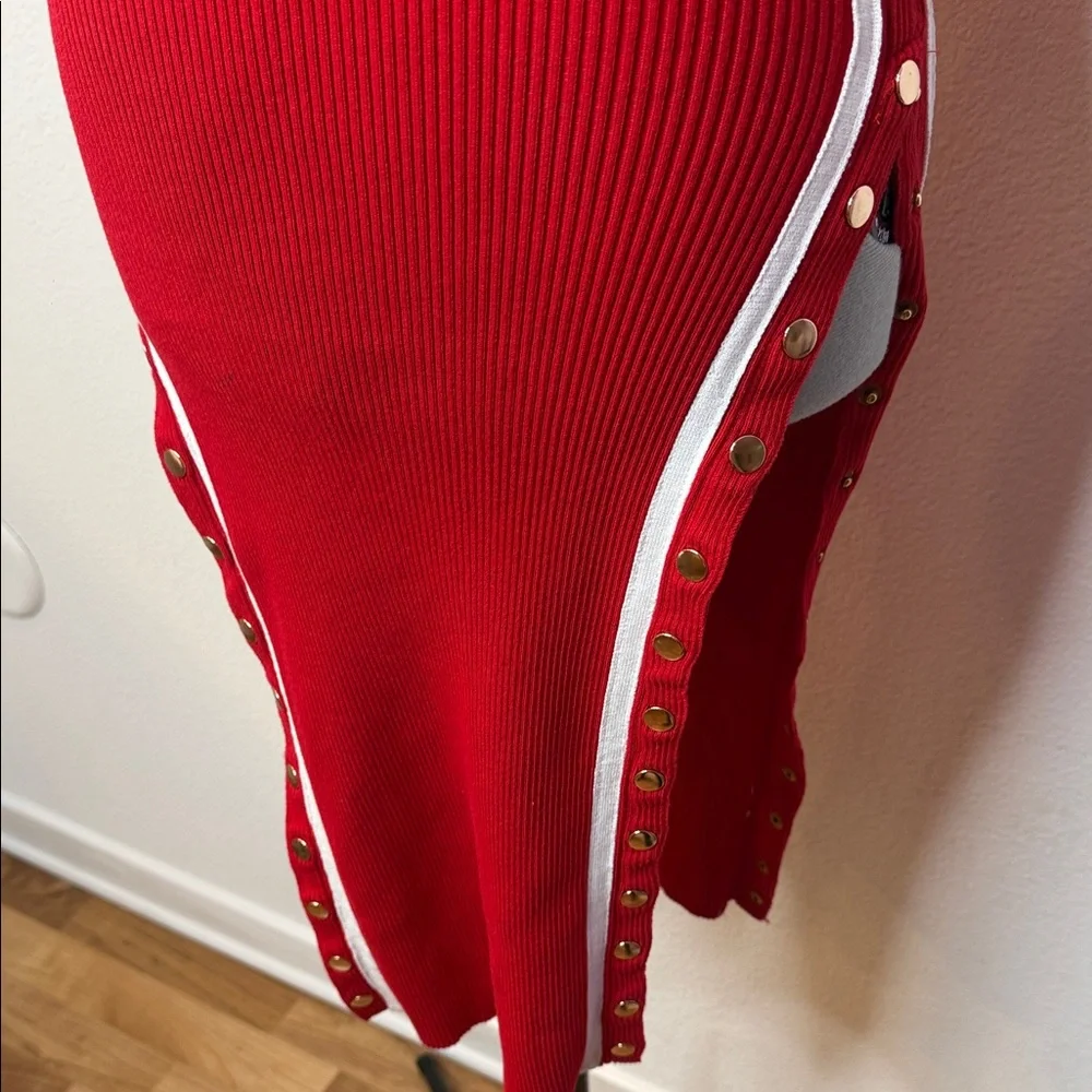 HERA Red Ribbed Bodycon Dress Side Slits Cutout Sporty Casual Athleisure S - Picture 6 of 7